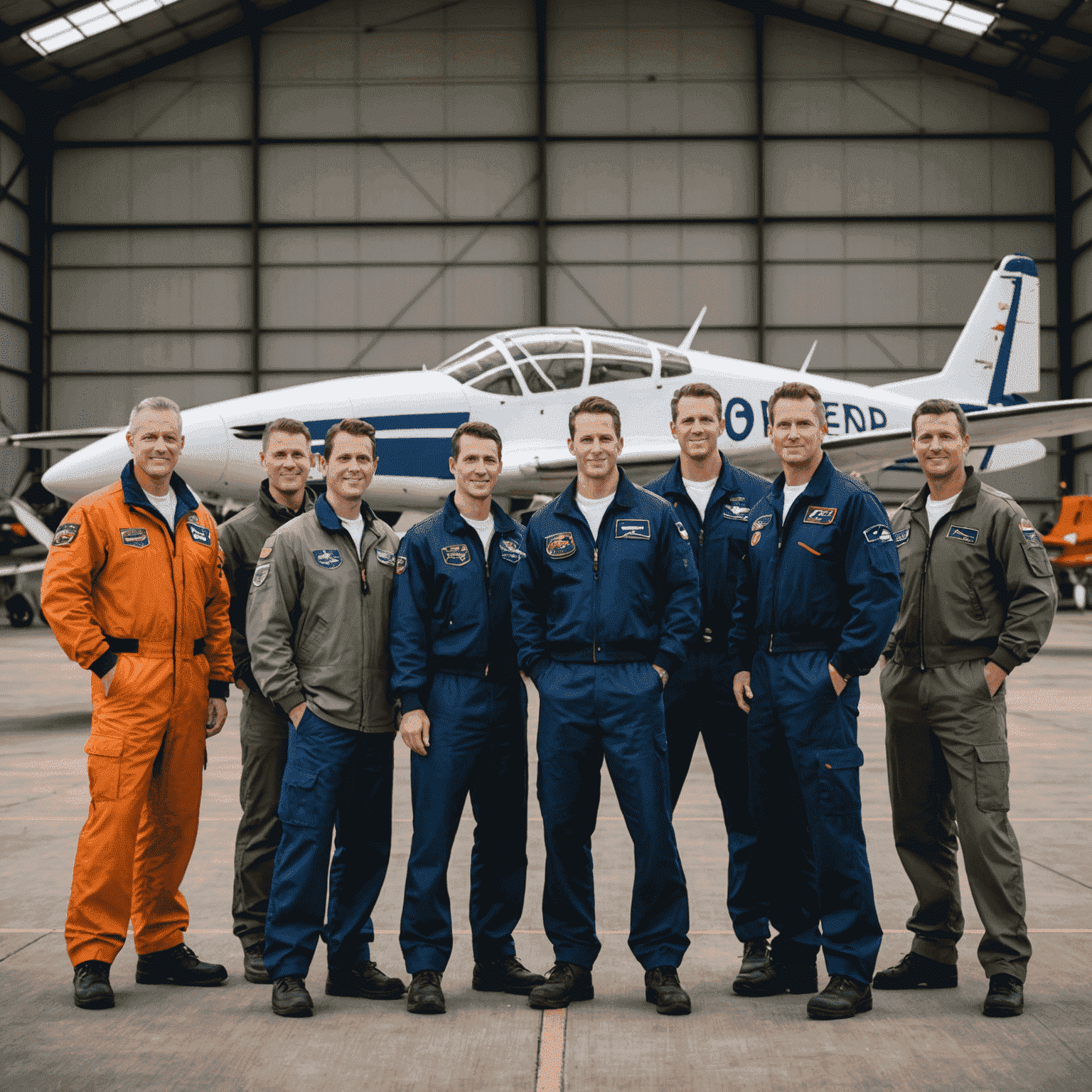 The AviatorsPlayers team standing in front of a hangar with various aircraft visible in the background. The team consists of diverse individuals wearing pilot uniforms and casual aviation attire, symbolizing our mix of experienced pilots and aviation enthusiasts.