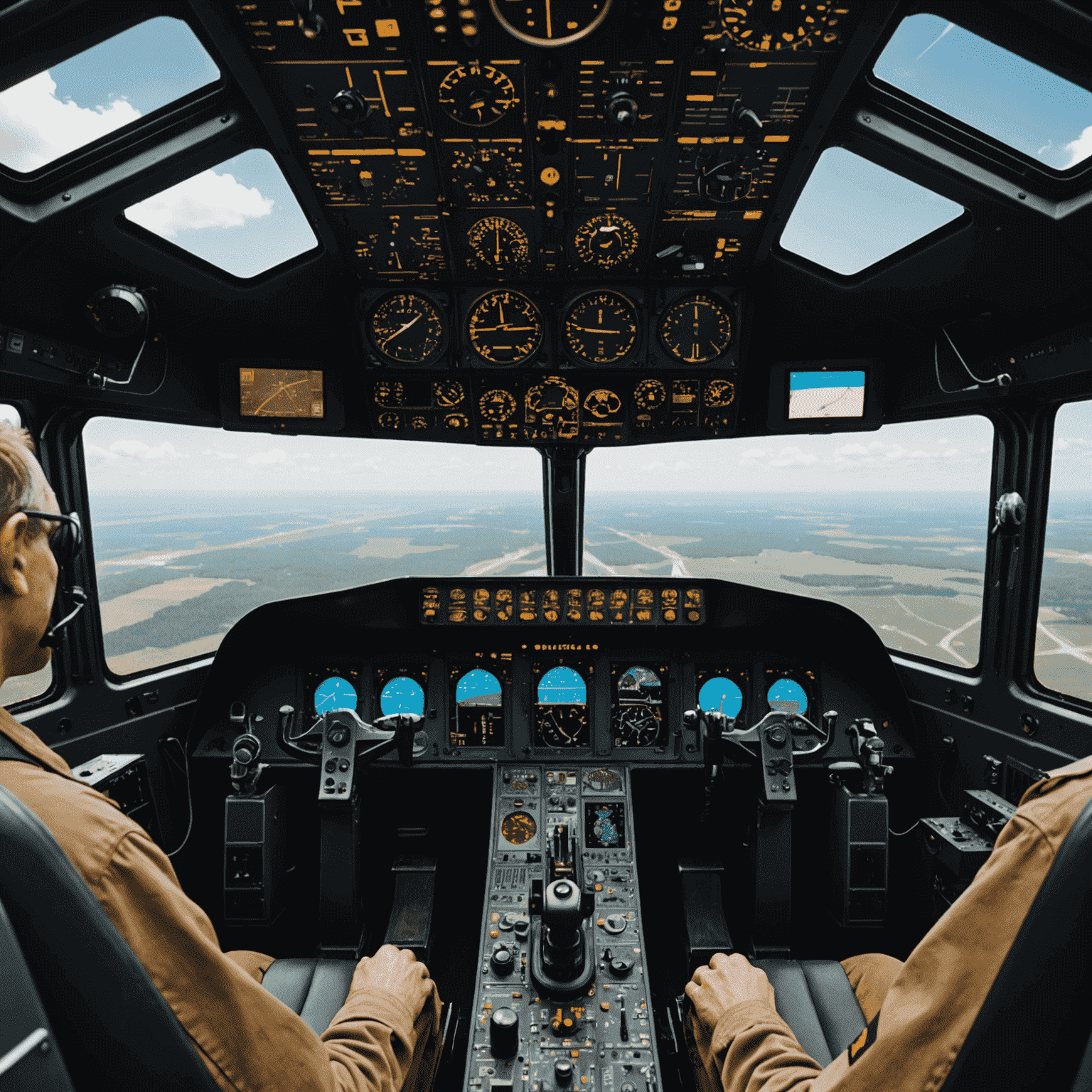 A cockpit view with various instruments and controls, symbolizing the complexity faced by beginner pilots