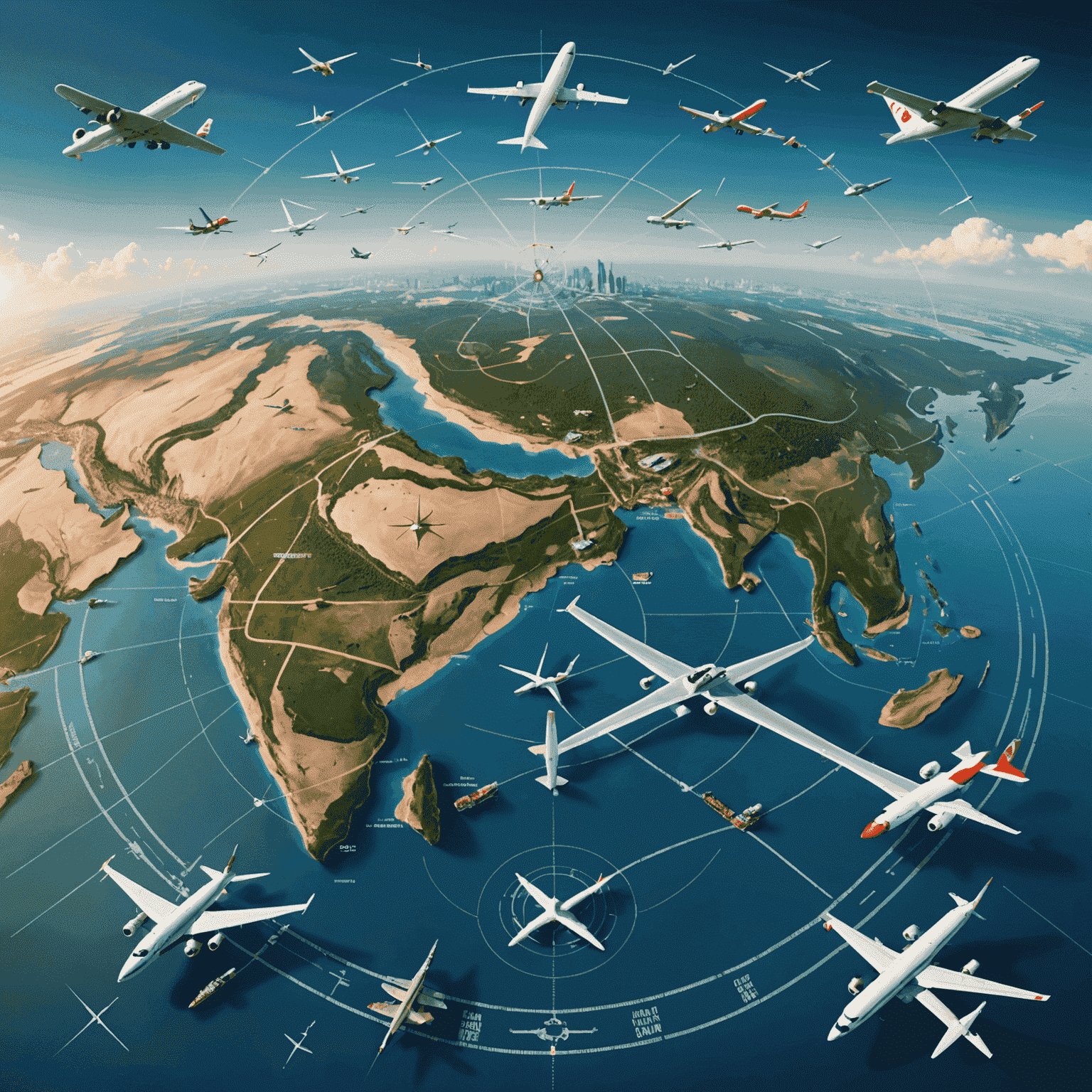 Aerial view of Indian airspace with various aircraft and air traffic control symbols overlaid, representing the complex rules and regulations of flying in India