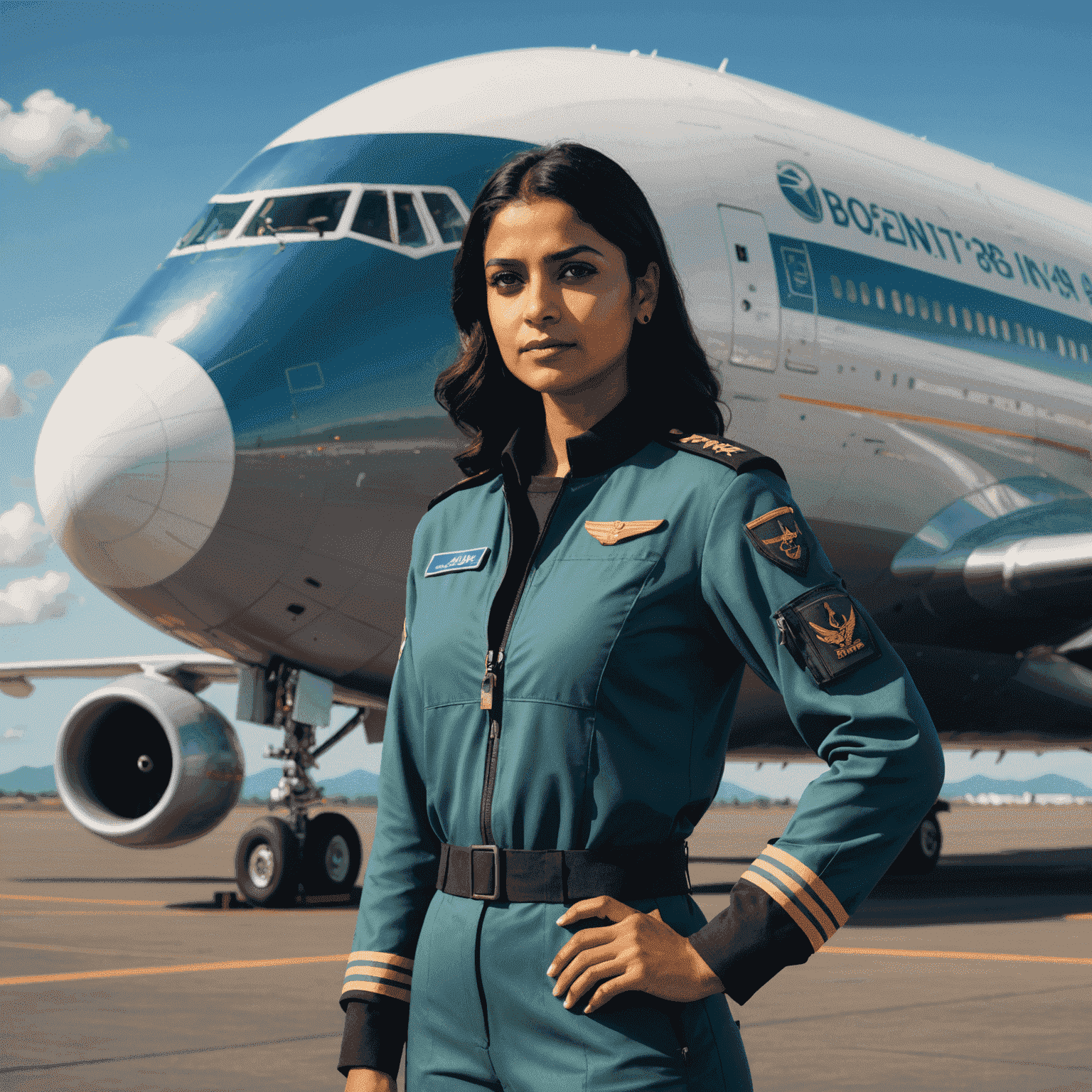 Captain Anny Divya in her pilot uniform standing in front of a Boeing 777 aircraft