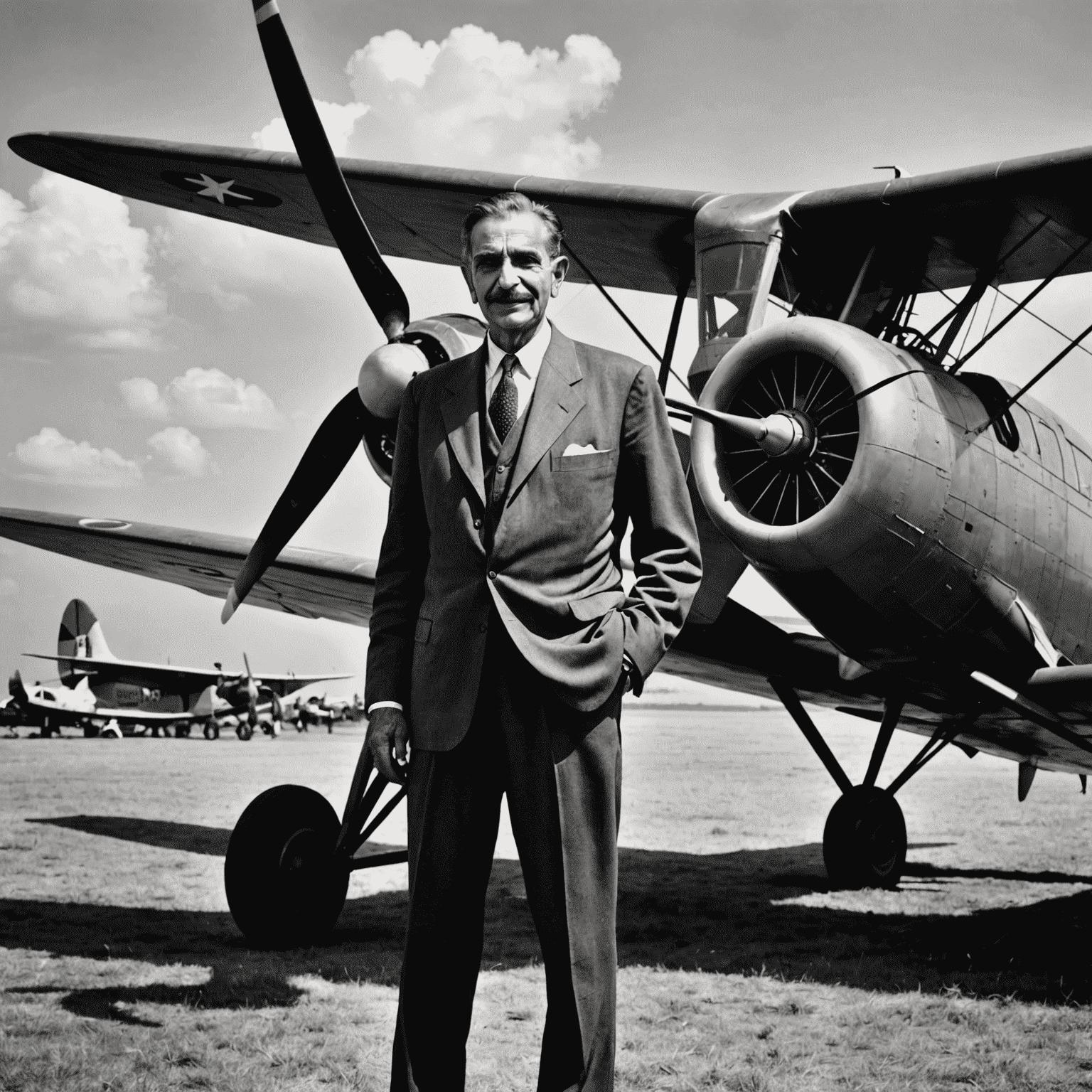 A black and white photograph of J.R.D. Tata standing next to a vintage propeller aircraft, symbolizing the early days of Indian aviation