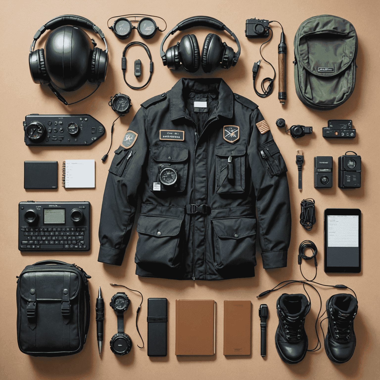 A collection of essential pilot gear including a headset, kneeboard, E6B computer, and logbook arranged neatly