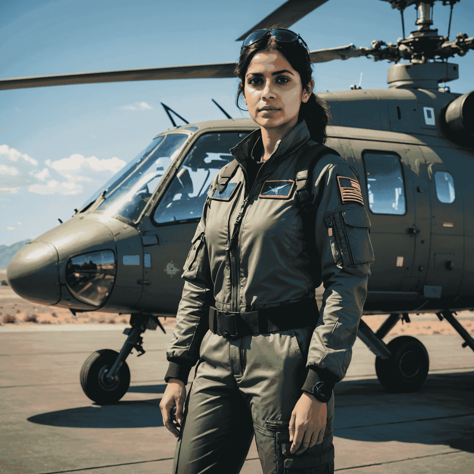 Gunjan Saxena in her flight suit standing next to a military helicopter