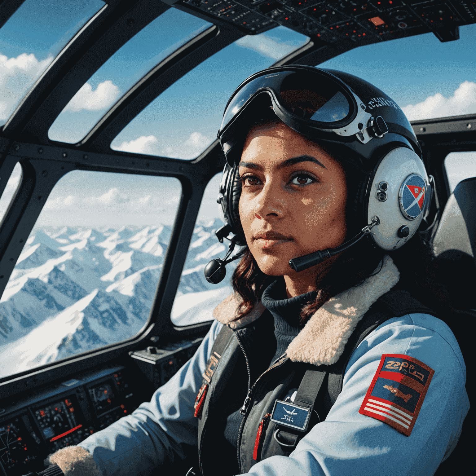 Captain Zoya Agarwal in the cockpit of an aircraft with the North Pole visible through the windshield